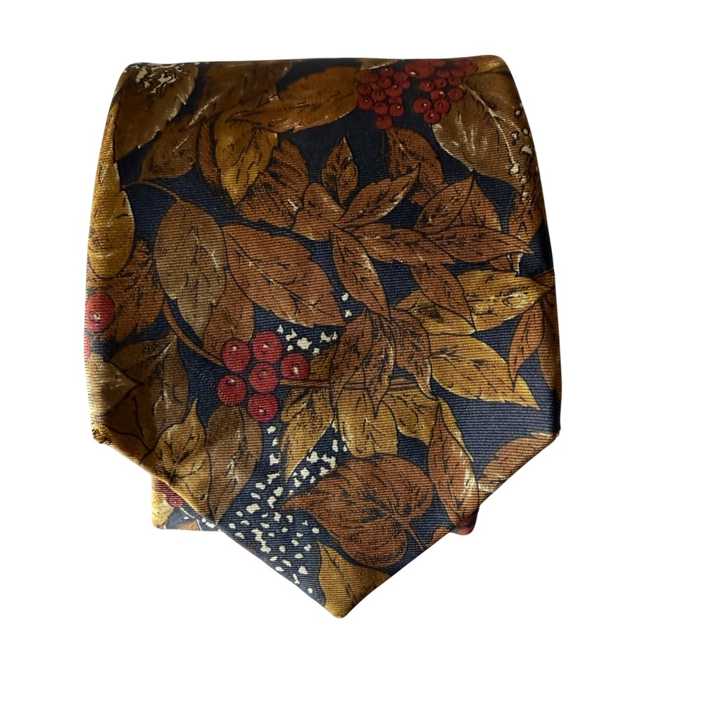 Bugatti Mens Silk Tie Navy Blue‎ Brown Autumn Leaf Berry Botanical Made in USA
